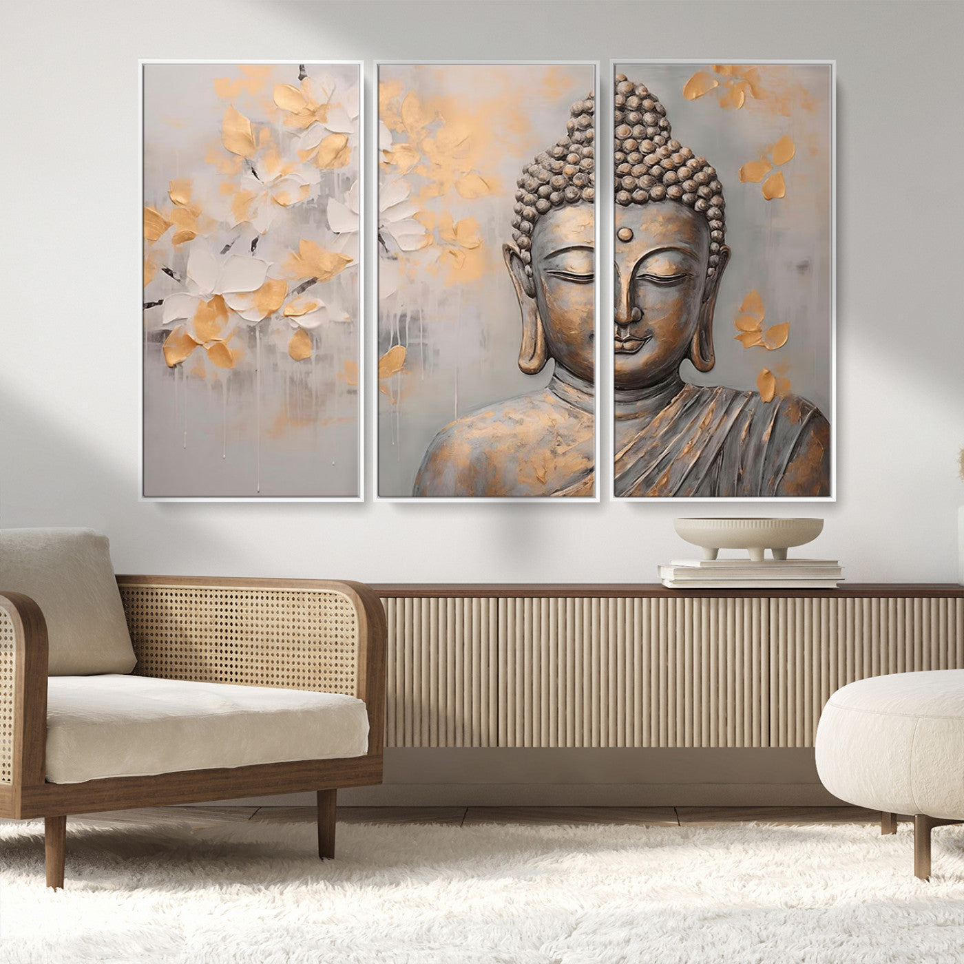 MGV-FC-48X32-3P - Abstract Buddha Statue Wall Art Canvas Print - Modern Meditation Decor for Living Room, Office, Yoga Studio Decor
