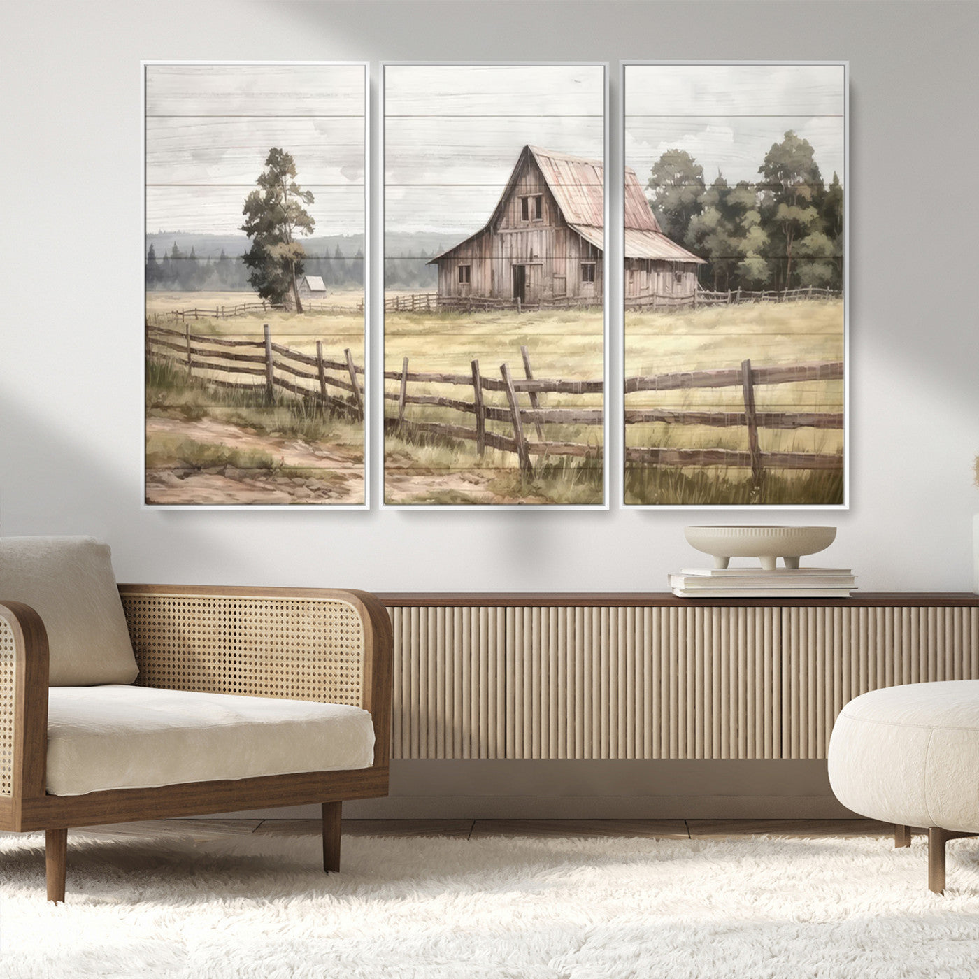 MGV-FC-48X32-3P - Rustic Farmhouse Barn Wall Art | 3-Panel Framed Gallery Wrap Giclee Canvas Print for Living Room, Farmhouse, or Office | Country Landscape Wall Art