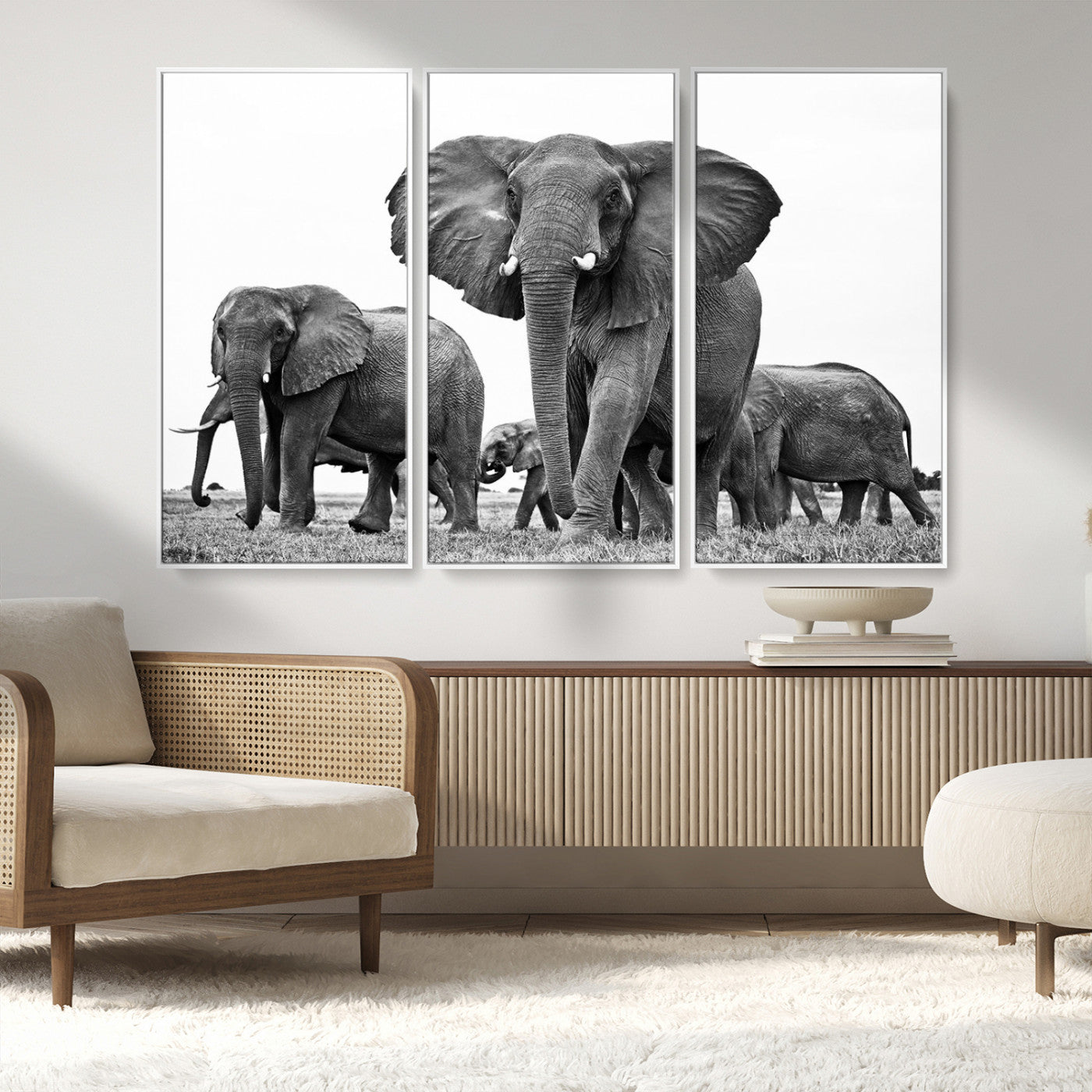 MGV-FC-48X32-3P - Black White Elephant Family Wall Art Canvas Print