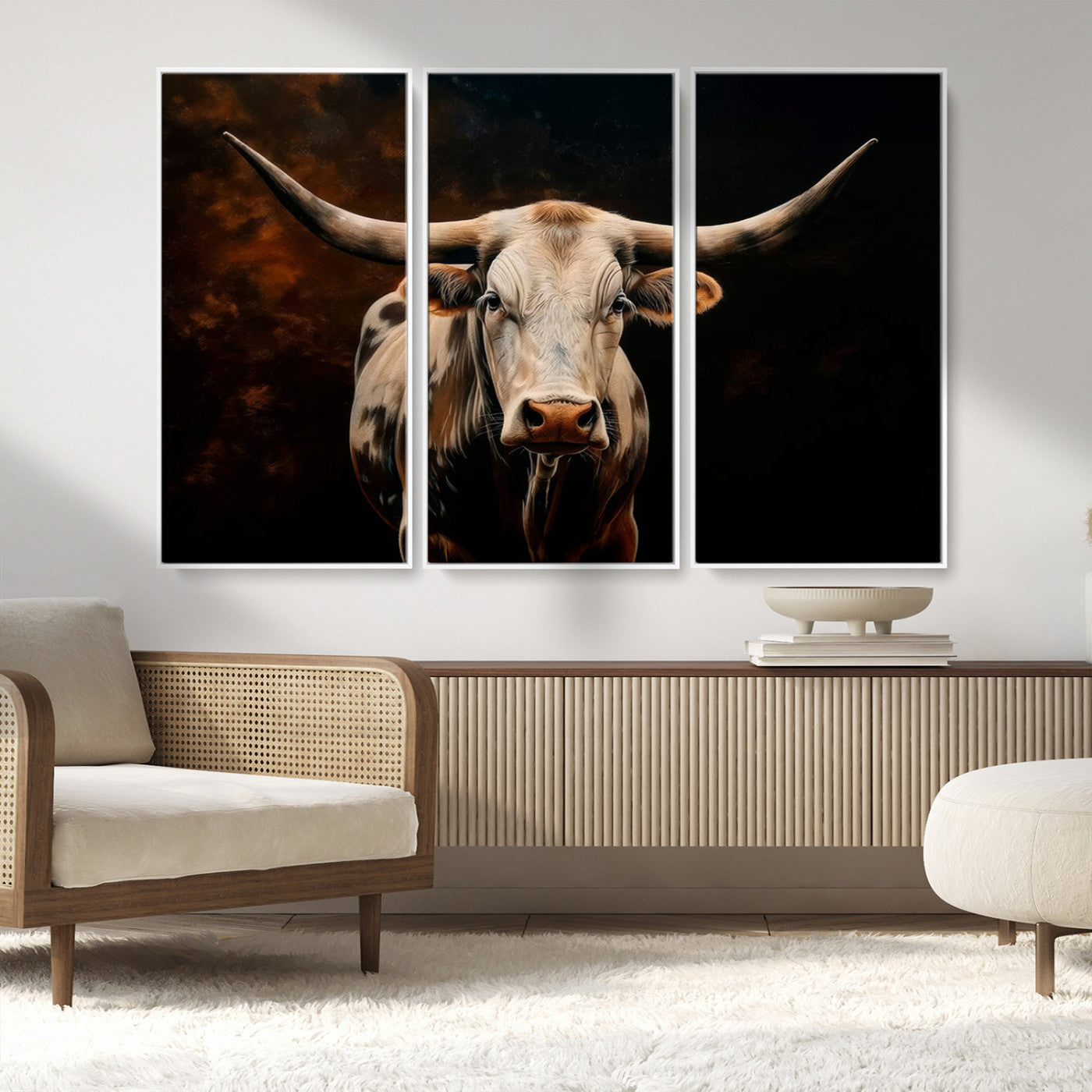 MGV-FC-48X32-3P - Texas Longhorn Wall Art | 3-Panel Large Texas Longhorn Canvas Print for Living Room, Office, or Farmhouse Decor | Framed Giclee Longhorn Wall Art