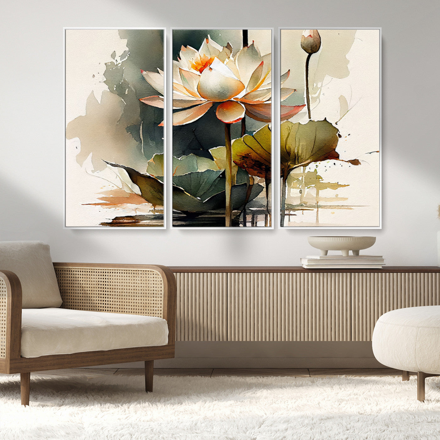 MGV-FC-48X32-3P - Lotus Flower Watercolor Canvas Print – A Symbol of Serenity and Growth, Captured in Soft Watercolors – Contemporary Wall Art for Tranquil Spaces