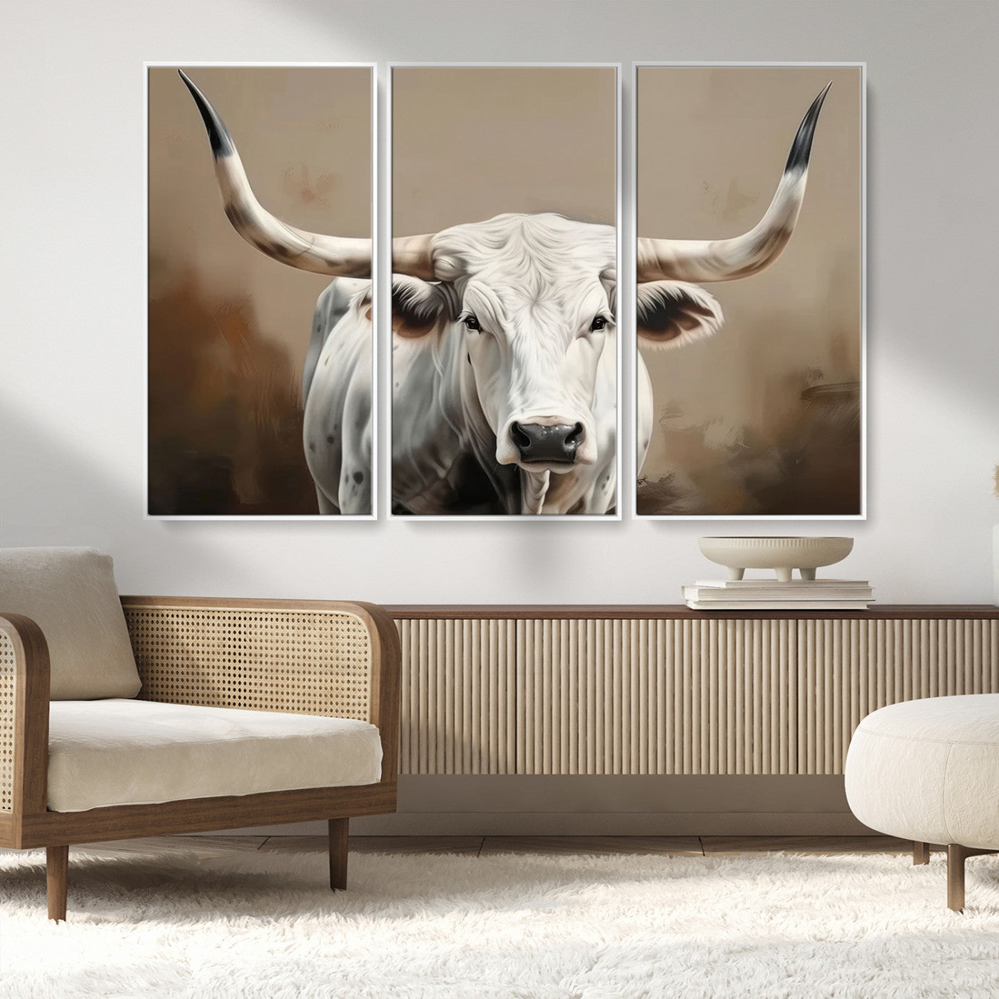 -White Longhorn Bull Wall Art Canvas Print – Framed and Ready to Hang – Perfect for Farmhouse and
