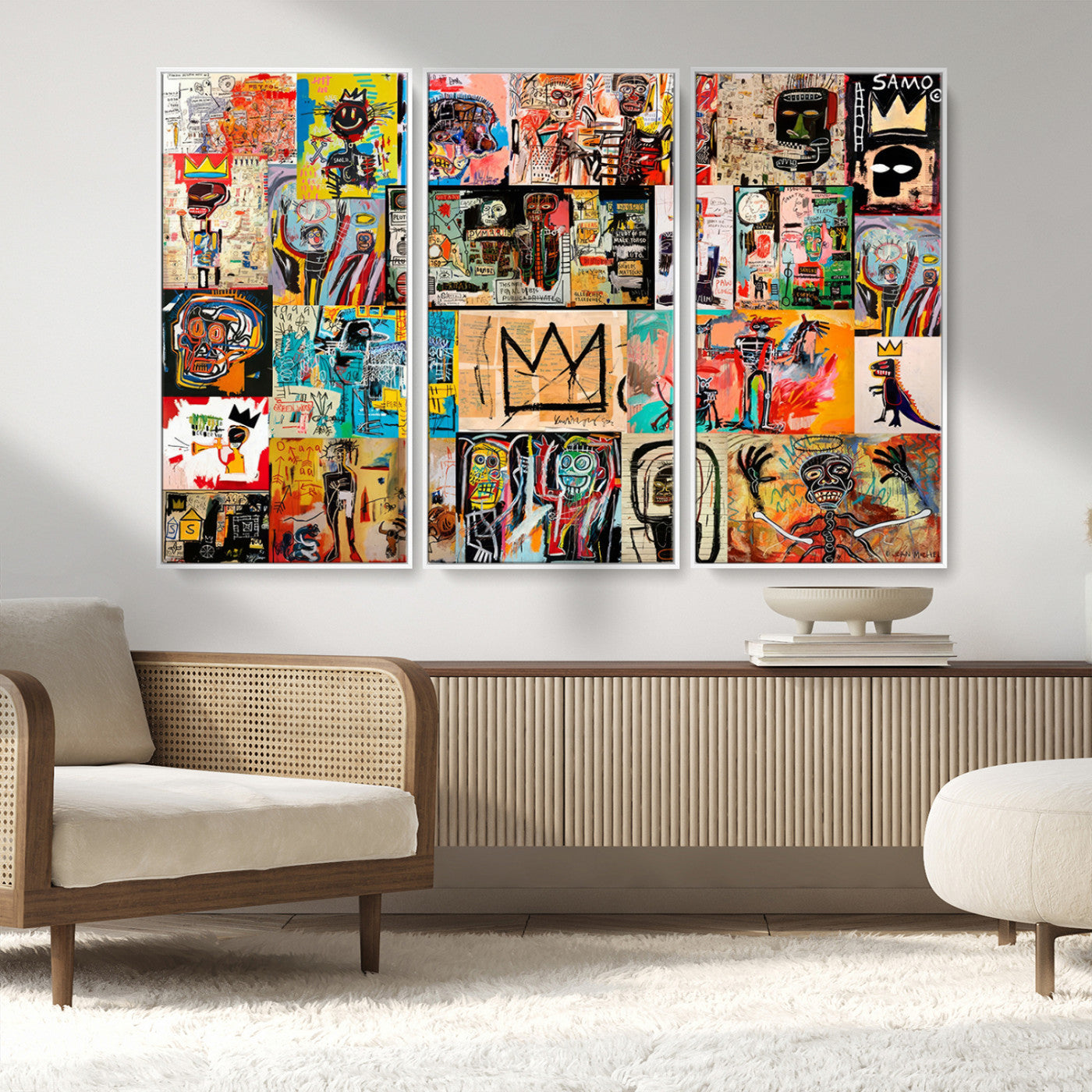 MGV-FC-48X32-3P - Basquiat Art Collage Wall Art Canvas Print – Framed, Ready to Hang, Urban Graffiti Style