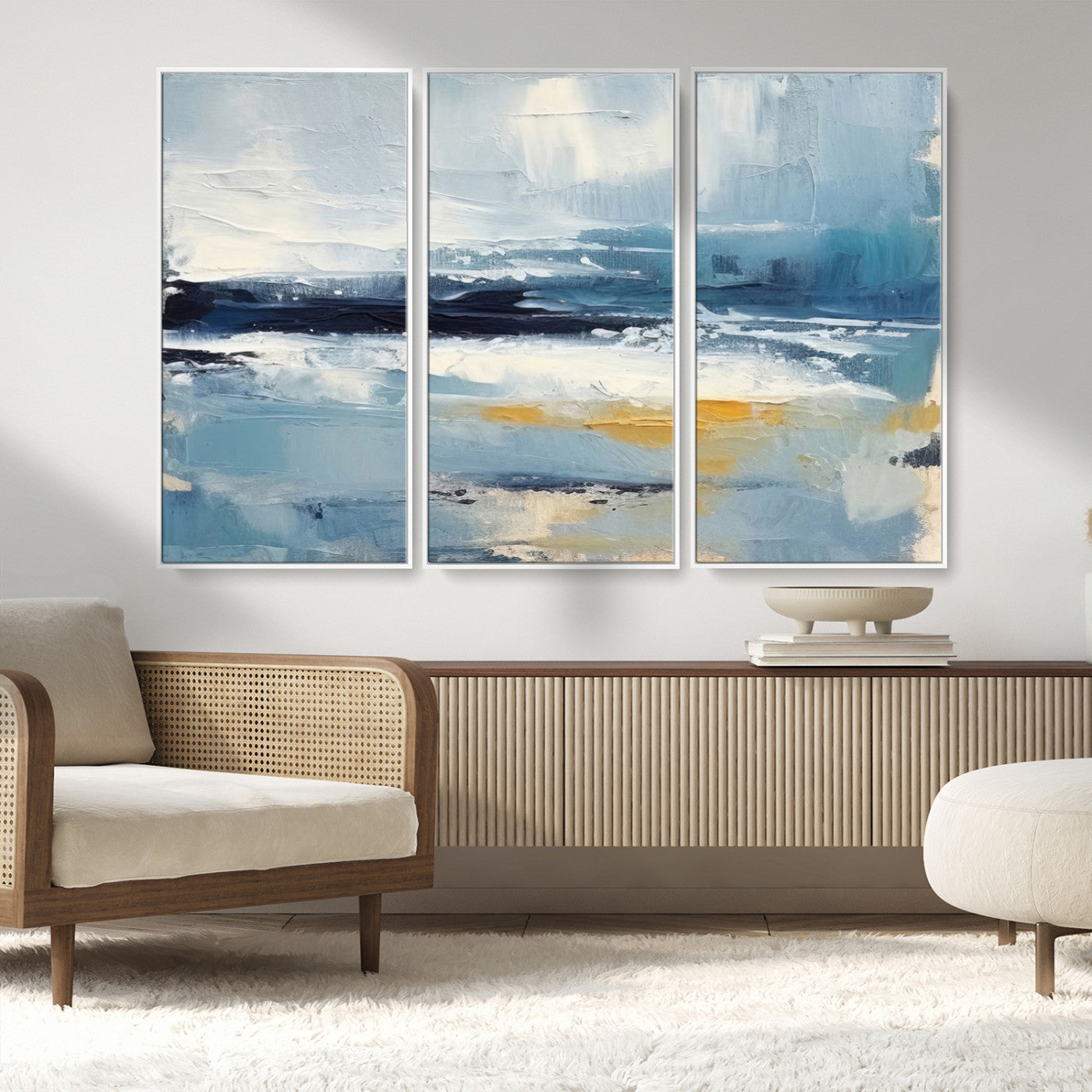 MGV-FC-48X32-3P - Abstract Ocean Canvas Wall Art - Coastal Blue and Gold Textured Painting, Modern Seascape Decor for Living Room Decor