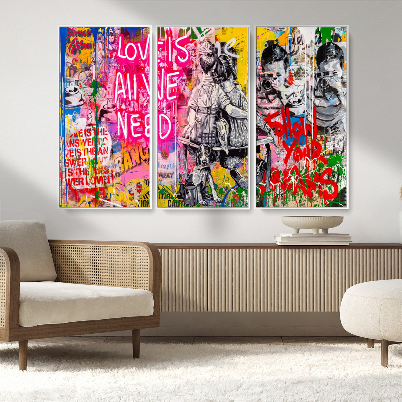 MGV-FC-48X32-3P - Follow Your Dreams & Love is All We Need Graffiti Street Art Triptych | 3-Panel Colorful Urban Wall Art for Living Room, Office, Loft Graffiti Wall Art Print