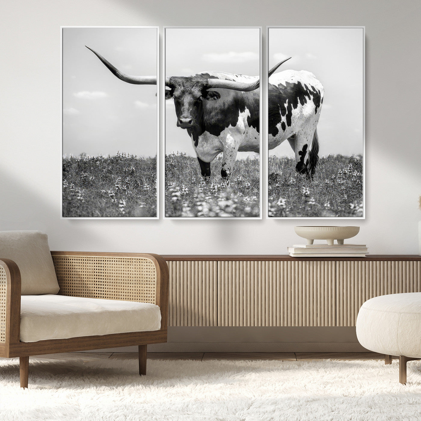94709-MGV-FC-48X32-3P_White-Texas Black White Highland Longhorn Cow Wall Art Canvas Print