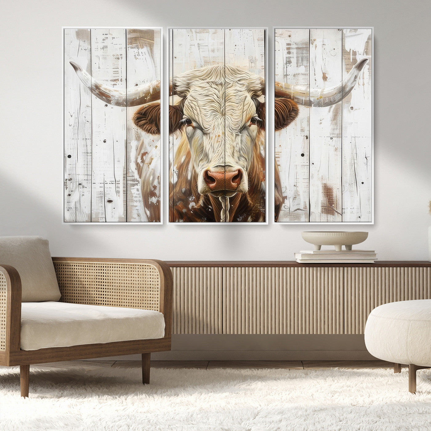 -Rustic Longhorn Bull Wall Art Canvas Set – Western-Inspired Farmhouse Décor - Ready to Hang