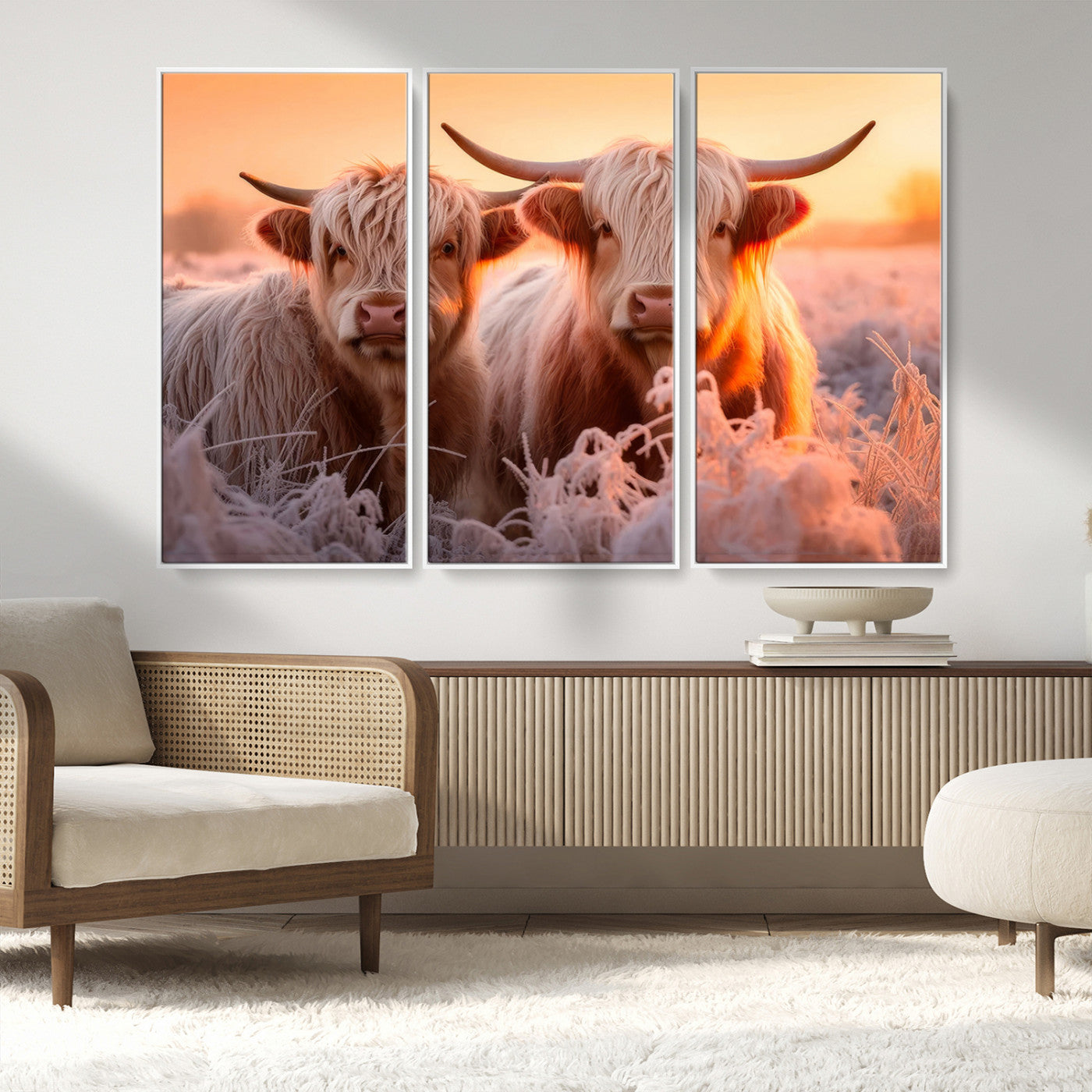 -Highland Cows at Sunrise Wall Art Canvas Set – Serene and Rustic Farmhouse Decor