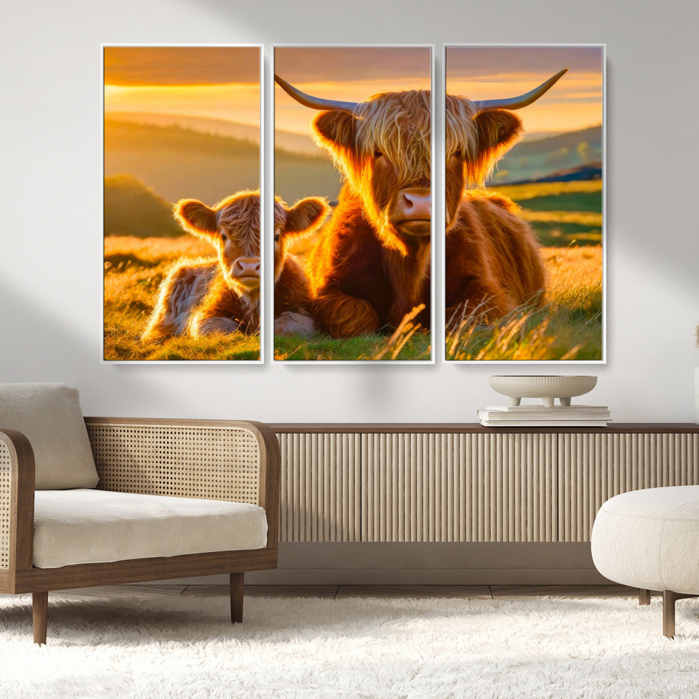 20567-MGV-FC-48X32-3P_White-Scottish Cow and Baby Cow Canvas Wall Art Animal Print Fluffy Cattle Framed Farmhouse Decor
