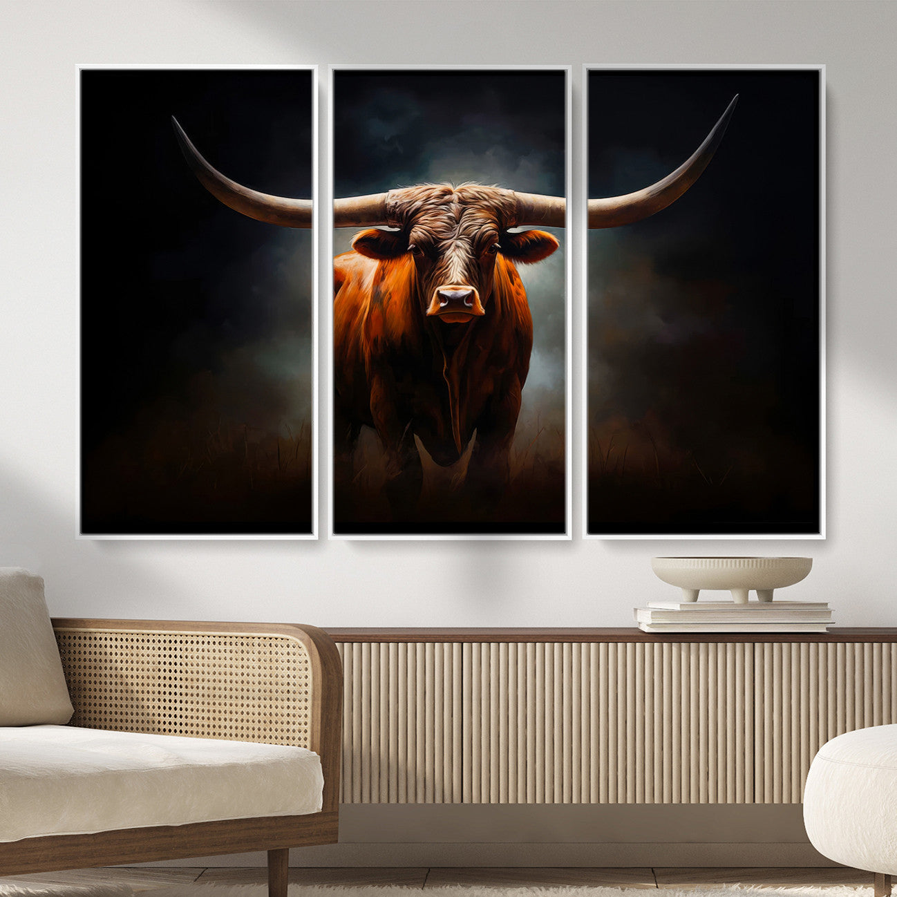 48896-MGV-CV-36X24 - Abstract Texas Longhorn Wall Art Print | 3-Panel Large Texas Longhorn Canvas Print for Living Room,