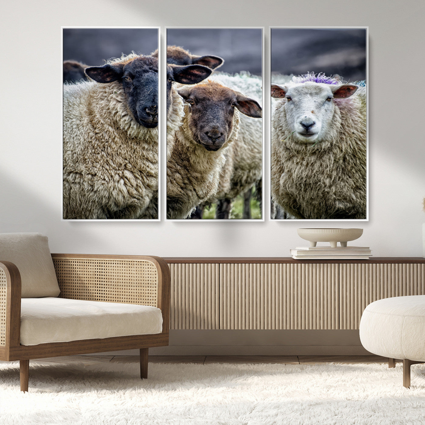 -Charming Sheep Portrait Wall Art – Trio of Woolly Companions Canvas Print, Framed, Ready to Hang