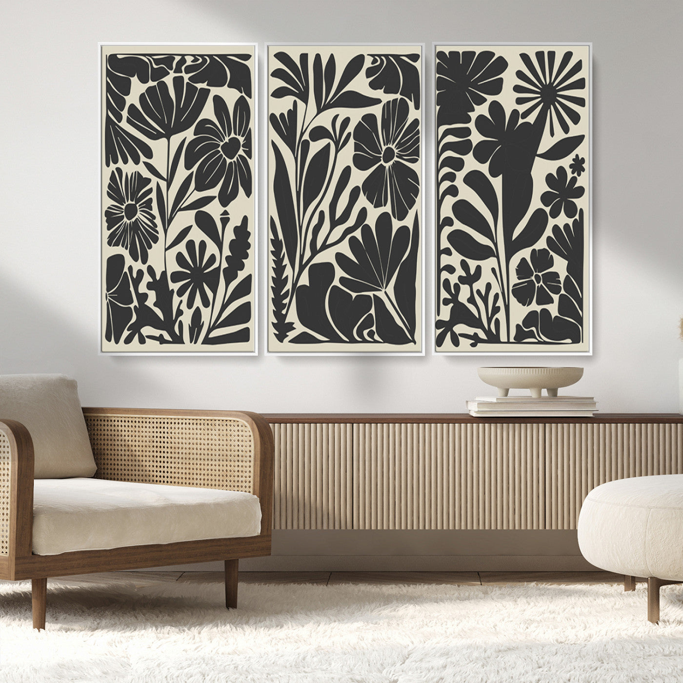 MGV-FC-48X32-3P - Modern Botanical Wall Art - Floral Black and White Canvas Print, Framed, Ready to Hang
