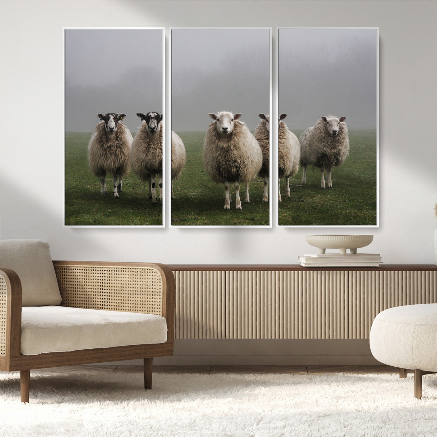 -Flock of Sheep in a Mystical Fog – Pastoral Wall Art Canvas Print, Framed, Ready to Hang