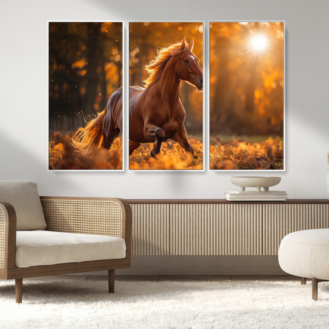 92144-MGV-FC-48X32-3P_White-Running Horse Sunset Forest Wall Art Canvas Print