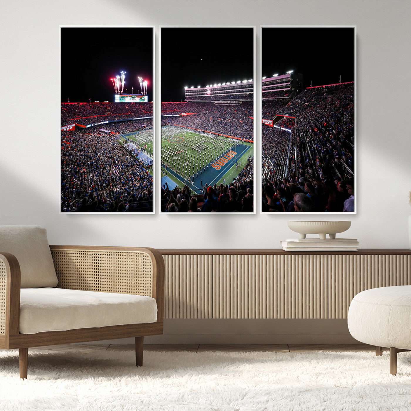 MGV-FC-48X32-3P - Ben Hill Griffin Stadium Night Game Triple Canvas Wall Art - Florida Gators Football Match