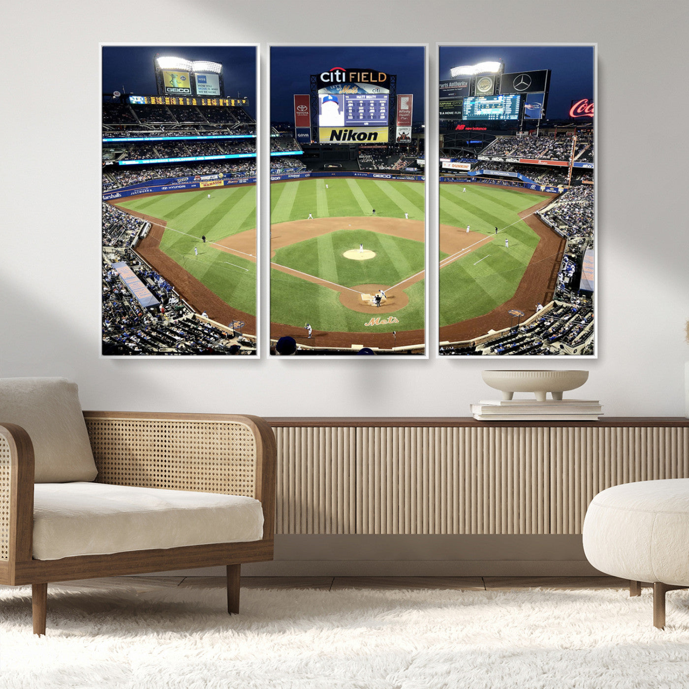 MGV-FC-48X32-3P - Citi Field Wall Art Print | 3-Panel New York Mets Baseball Stadium Canvas Print | Framed Sports Decor for Living Room, Man Cave, or Office Decor