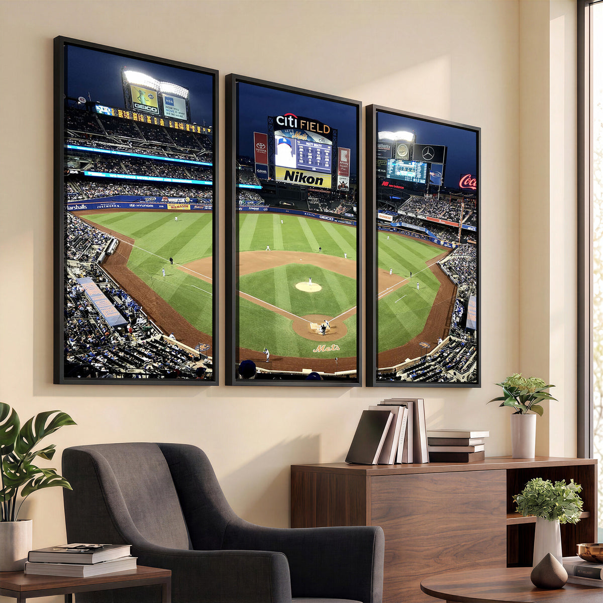 87666-MGV-CV-36X24 - Citi Field Wall Art Print | 3-Panel New York Mets Baseball Stadium Canvas Print | Framed Sports