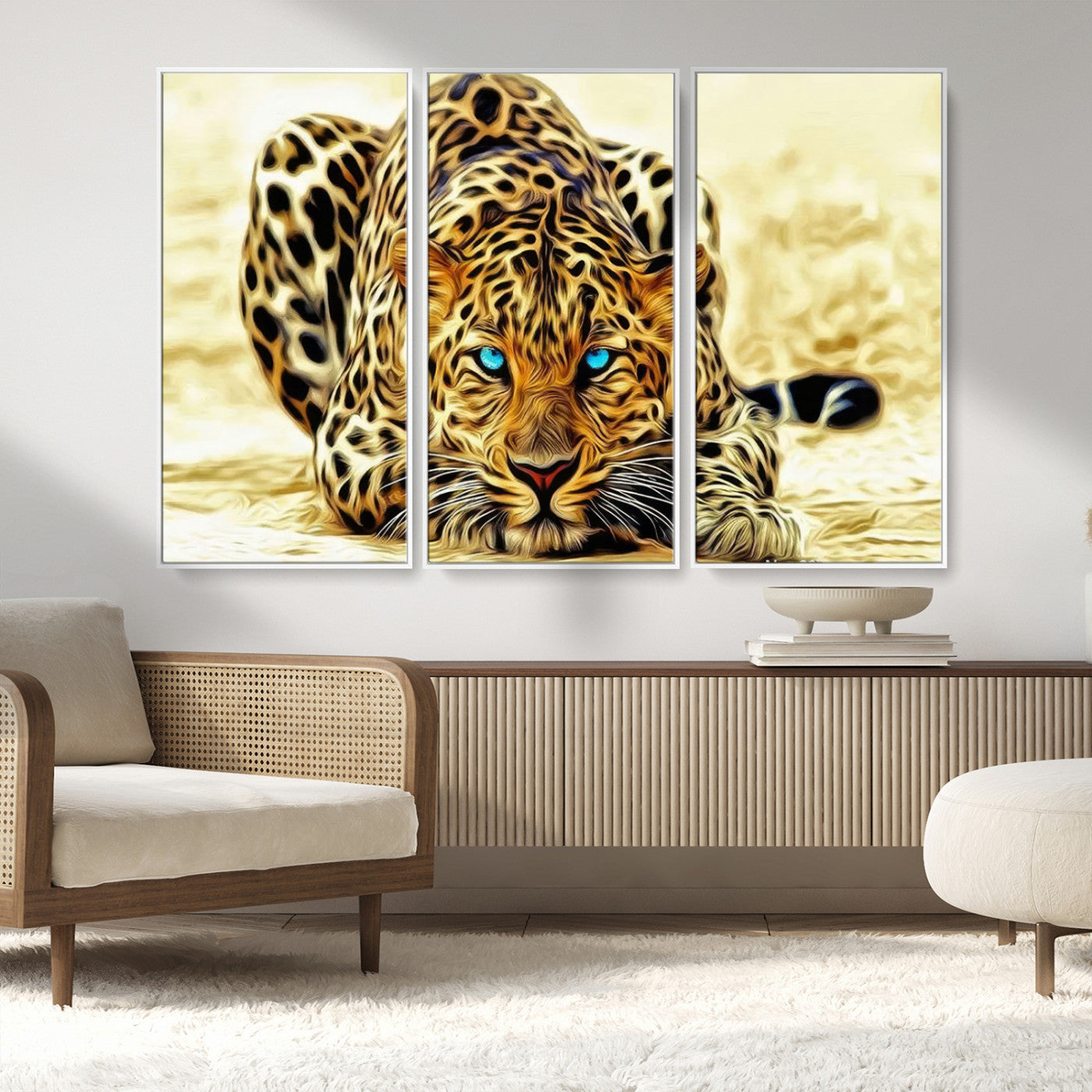 45281-MGV-FC-48X32-3P_White-Blue-Eyed Leopard Canvas Wall Art - Framed Animal Print Ready to Hang - Fierce and Bold Decor for