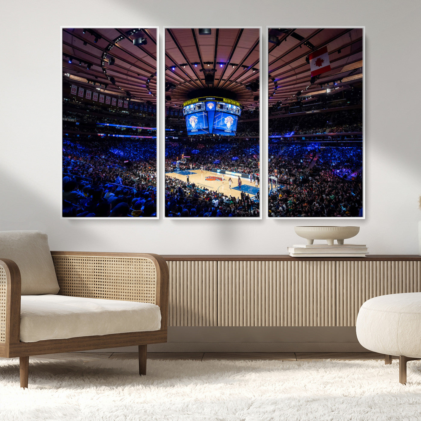 MGV-FC-48X32-3P - Madison Square Garden Basketball Arena Print - Madison Square Garden Basketball Game Triple Canvas Wall Art - NBA Match Atmosphere