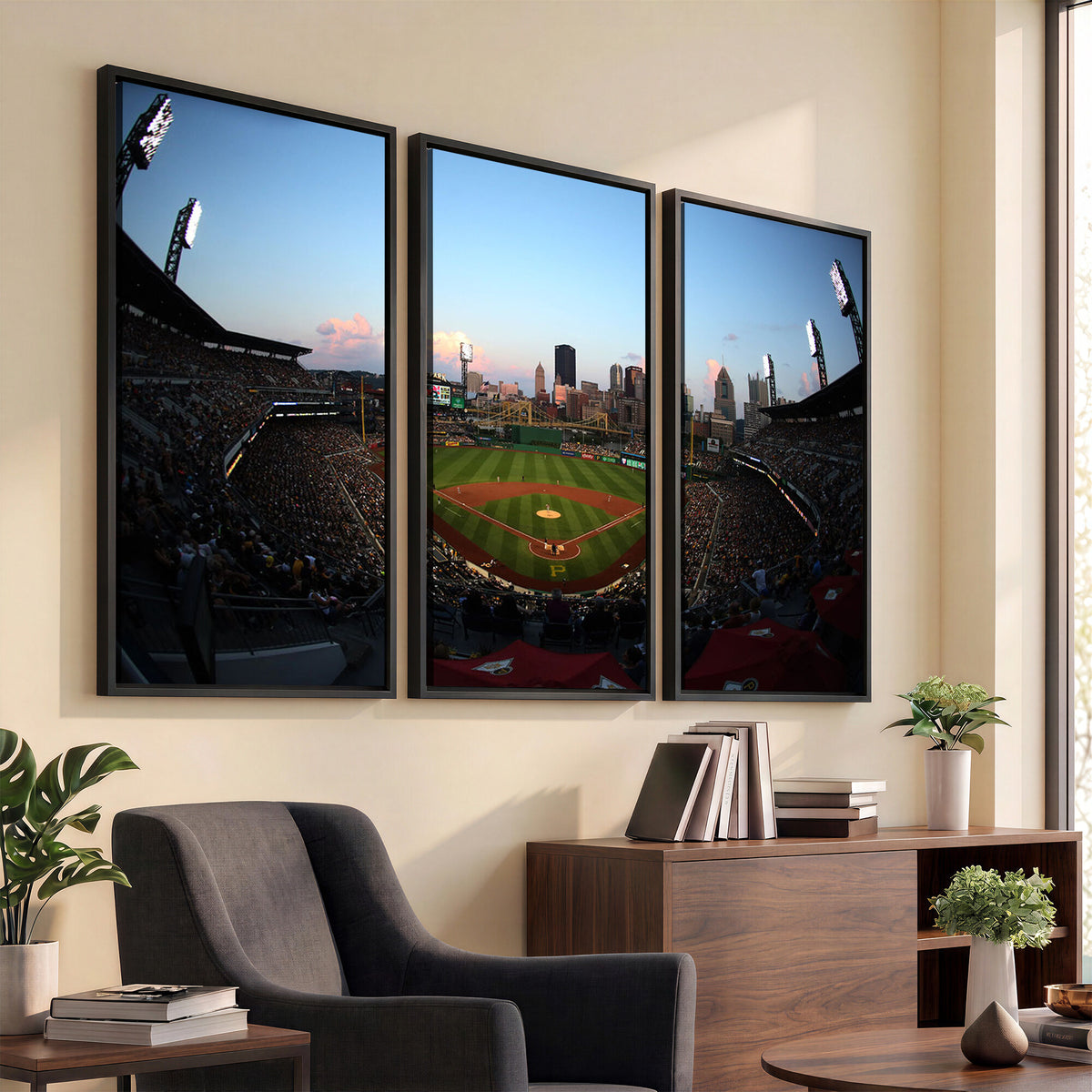 67670-MGV-CV-36X24 - PNC Park Evening Game Triple Canvas Wall Art | Pittsburgh Pirates MLB Stadium