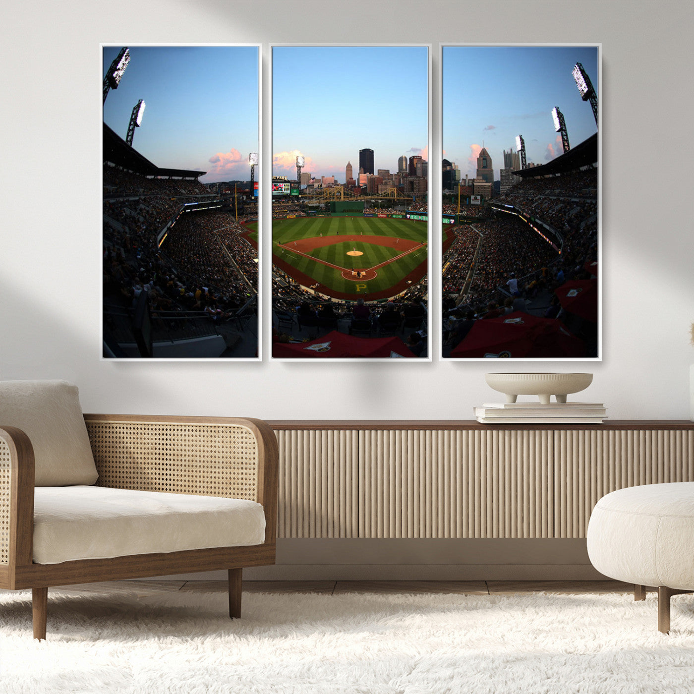 MGV-FC-48X32-3P - PNC Park Evening Game Triple Canvas Wall Art - Pittsburgh Pirates MLB Match - PNC Park Stadium Wall Art Canvas Print