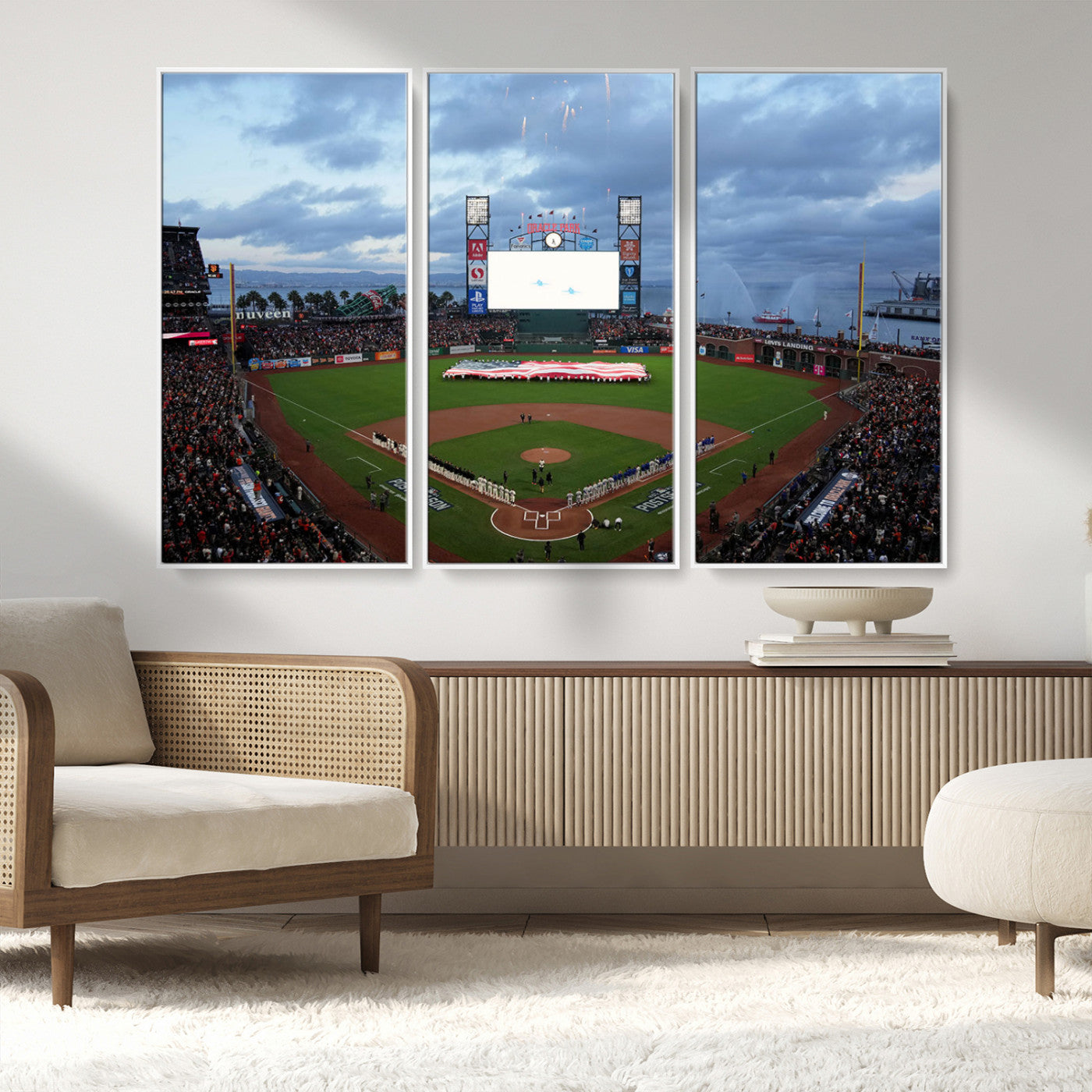 MGV-FC-48X32-3P - Oracle Park San Francisco Giants Wall Art | 3-Panel Canvas Print of Oracle Park Stadium | Large Framed Baseball Wall Decor | Ready-to-Hang MLB Canvas Print