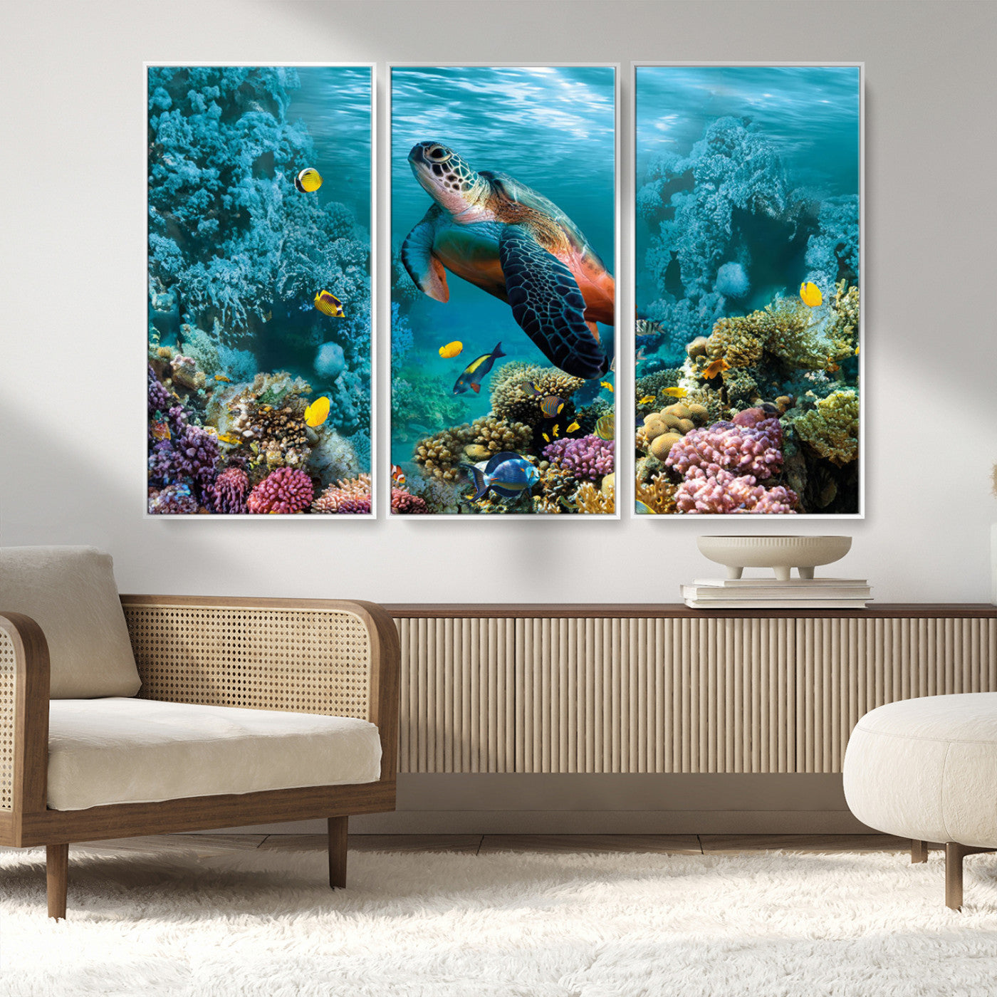 MGV-FC-48X32-3P - Sea Turtle and Coral Reef Triptych Wall Art – Vibrant Underwater Scene Canvas Set for Ocean Lovers and Coastal Decor – Ready to Hang 3-Panel Artwork