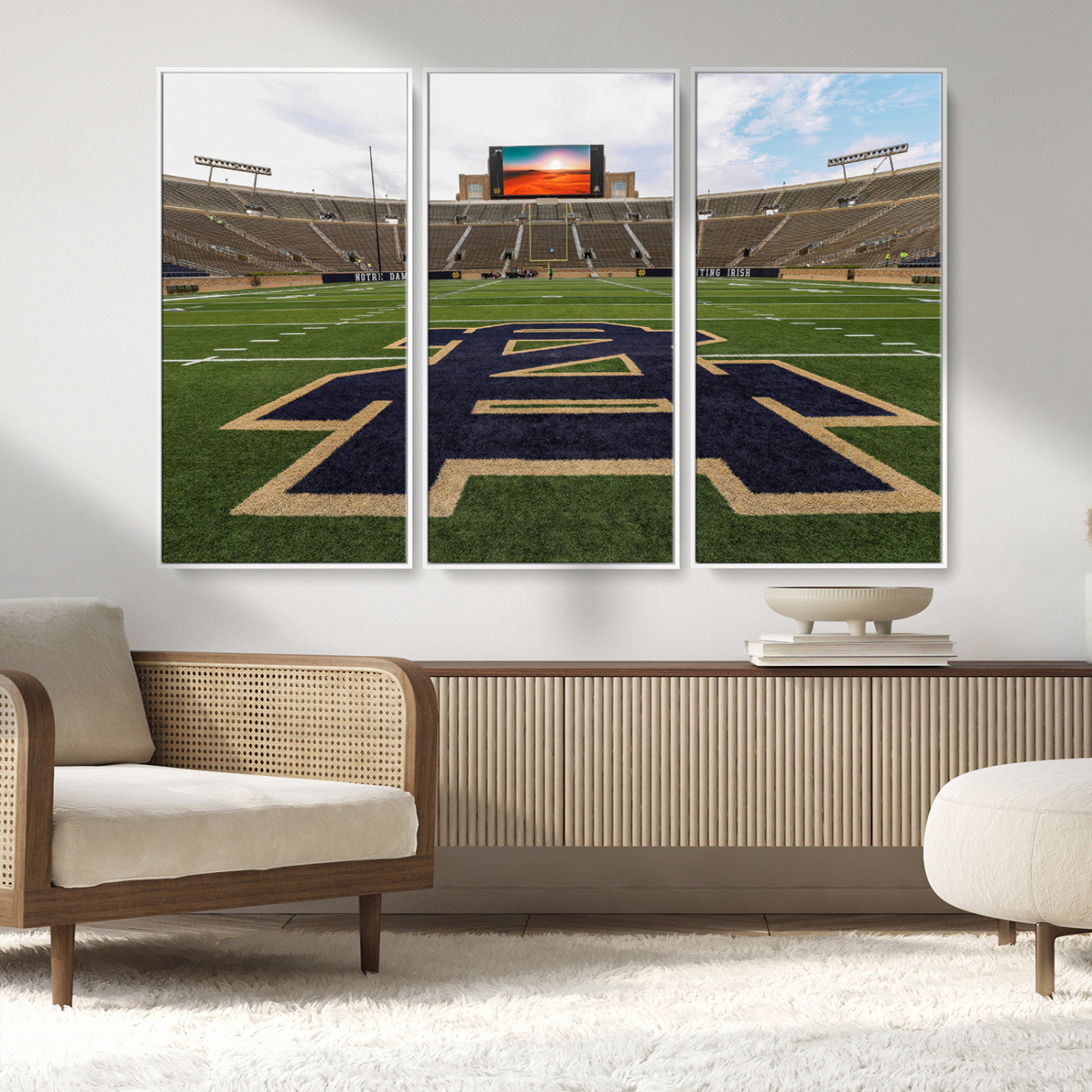 MGV-FC-48X32-3P - Notre Dame Stadium Giclee Canvas Print | Triptych Wall Art Featuring Iconic Notre Dame Football Field | Ready-to-Hang Sports Stadium Decor