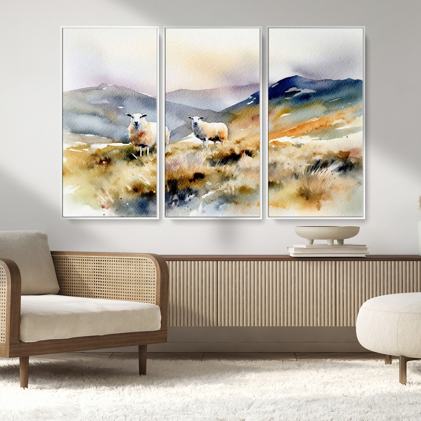 58145-MGV-FC-48X32-3P_White-Watercolor Sheep for Farmhouse Decor Wall Art Canvas Print, Mountain Wall Art Print