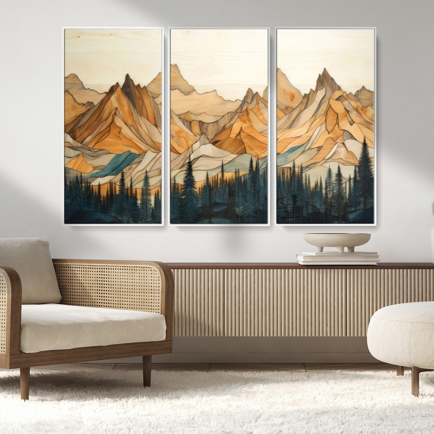 31576-MGV-FC-48X32-3P_White-Rustic Wood Mountain Wall Art Print | Triptych Giclee Print Featuring Handcrafted Forest and