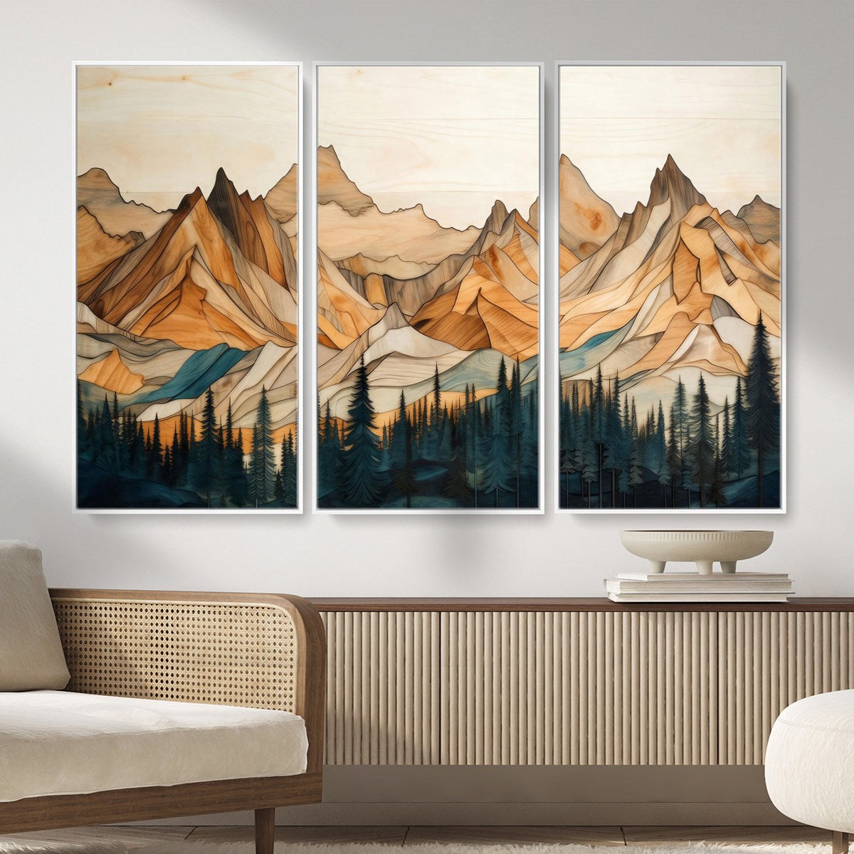 31576-MGV-CV-36X24 - Geometric Wood Mountain Landscape Wall Art Canvas Print, Rustic Forest Painting Print