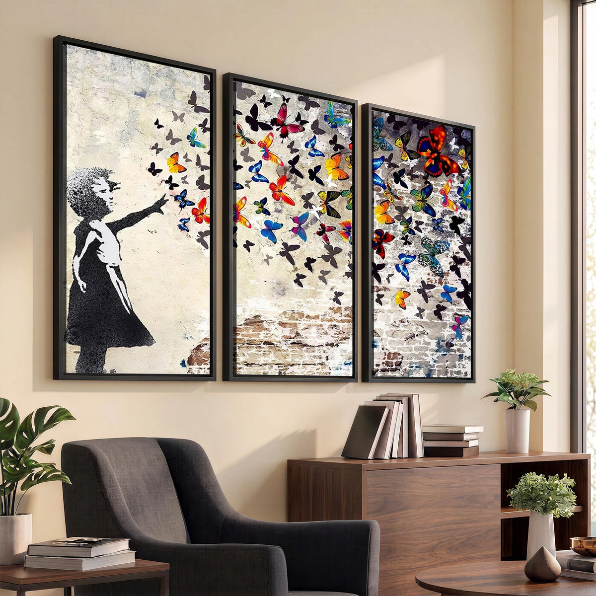 97895-MGV-CV-24X16 - Banksy Graffiti Wall Art Canvas Print, Girl Releasing Vibrant Butterflies