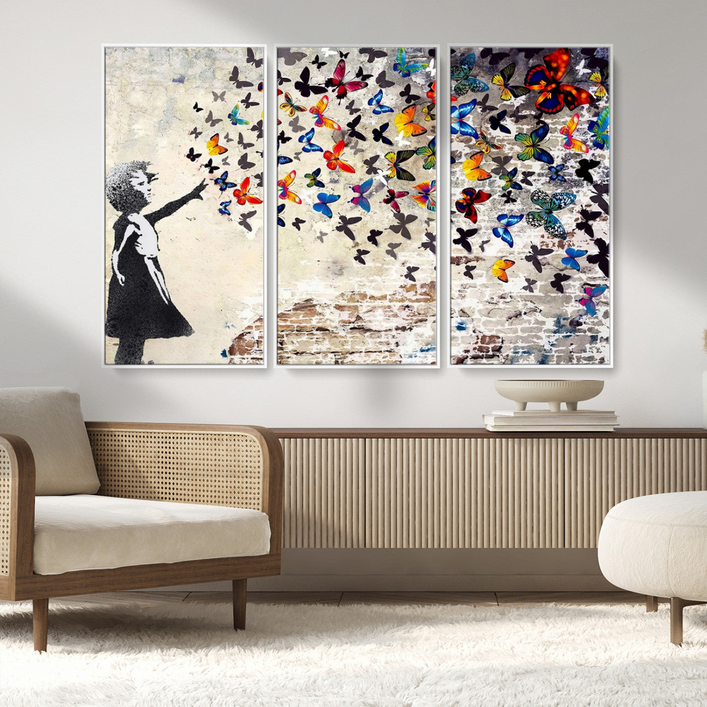 MGV-FC-48X32-3P - Banksy Graffiti Wall Art Canvas Print: Girl Releasing Vibrant Butterflies – Ready to Hang