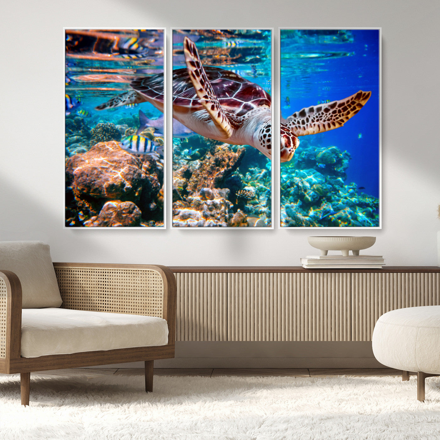 MGV-FC-48X32-3P - Underwater Coral Reef Sea Turtle Wall Art Canvas Print, Vibrant Marine Life | Colorful Ocean Scene