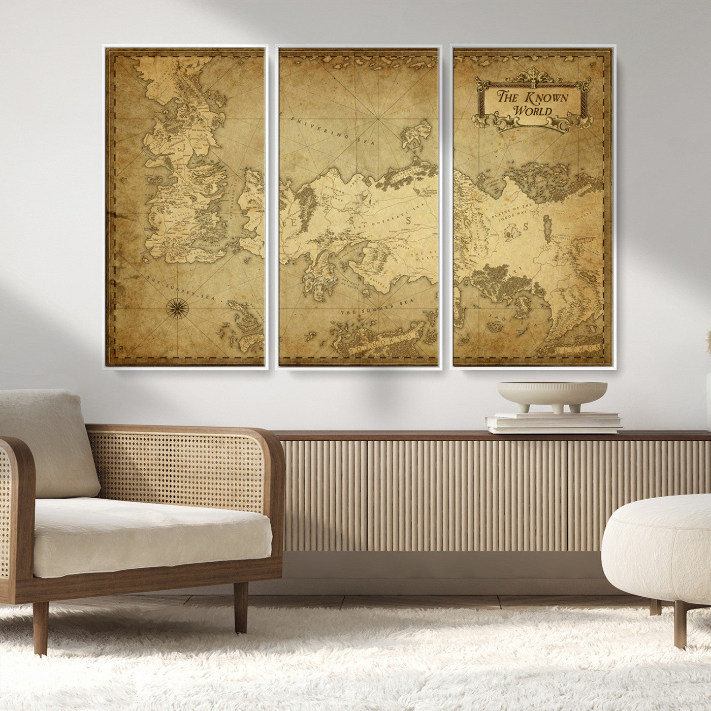 MGV-FC-48X32-3P - Vintage Game of Thrones Map Wall Art | Westeros and Essos Antique Style Print | The Known World in Triptych Canvas | Giclee Canvas for Fantasy Lovers
