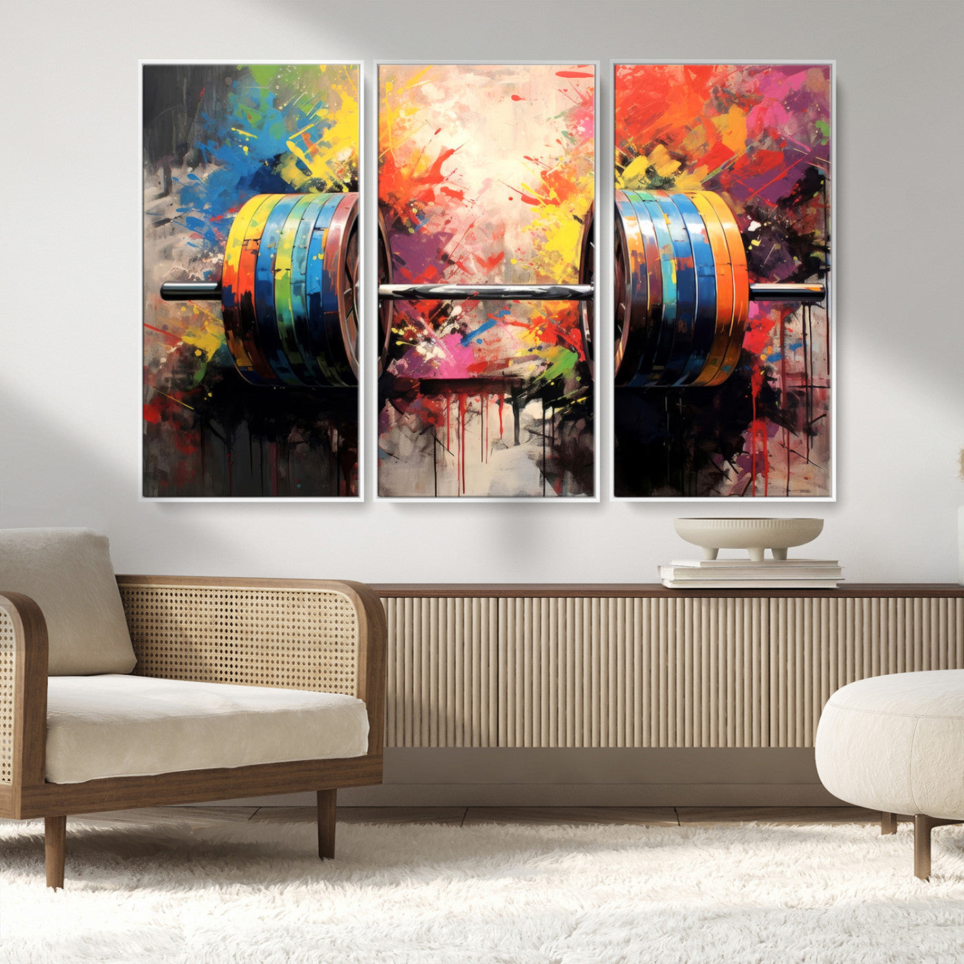 MGV-FC-48X32-3P - Weightlifting Barbell Art Triptych, Bold Abstract Fitness Wall Decor for Gym or Home, Giclee Canvas Print