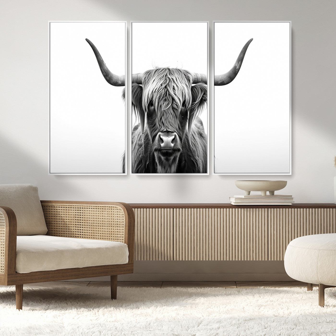 MGV-FC-48X32-3P - Highland Wall Art Canvas Print – Minimalist Black and White Farmhouse Décor, Ready to Hang