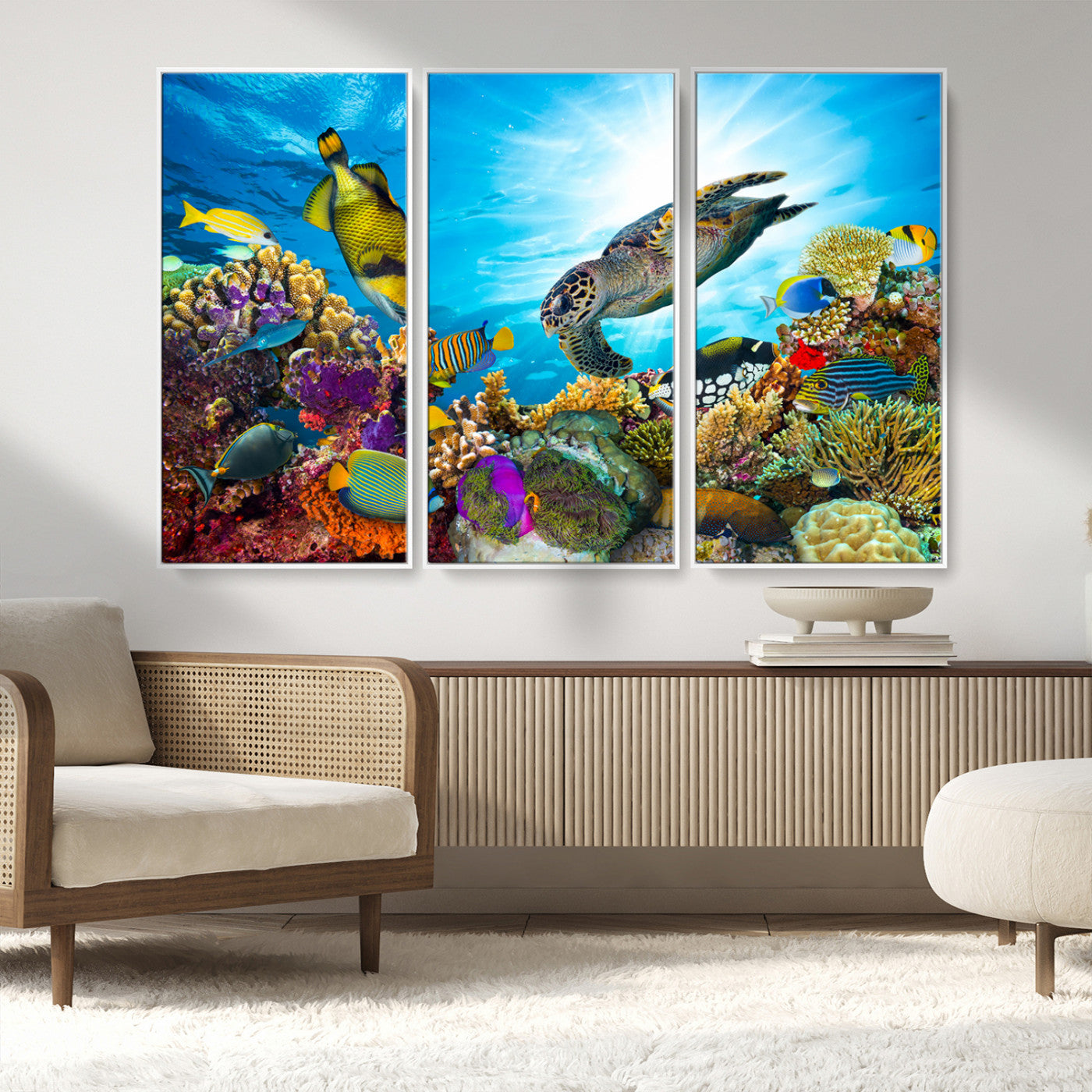 44772-MGV-FC-48X32-3P_White-Colorful Coral Reef and Sea Life Turtle Canvas Print, Underwater Tropical Ocean Wall Art for Home