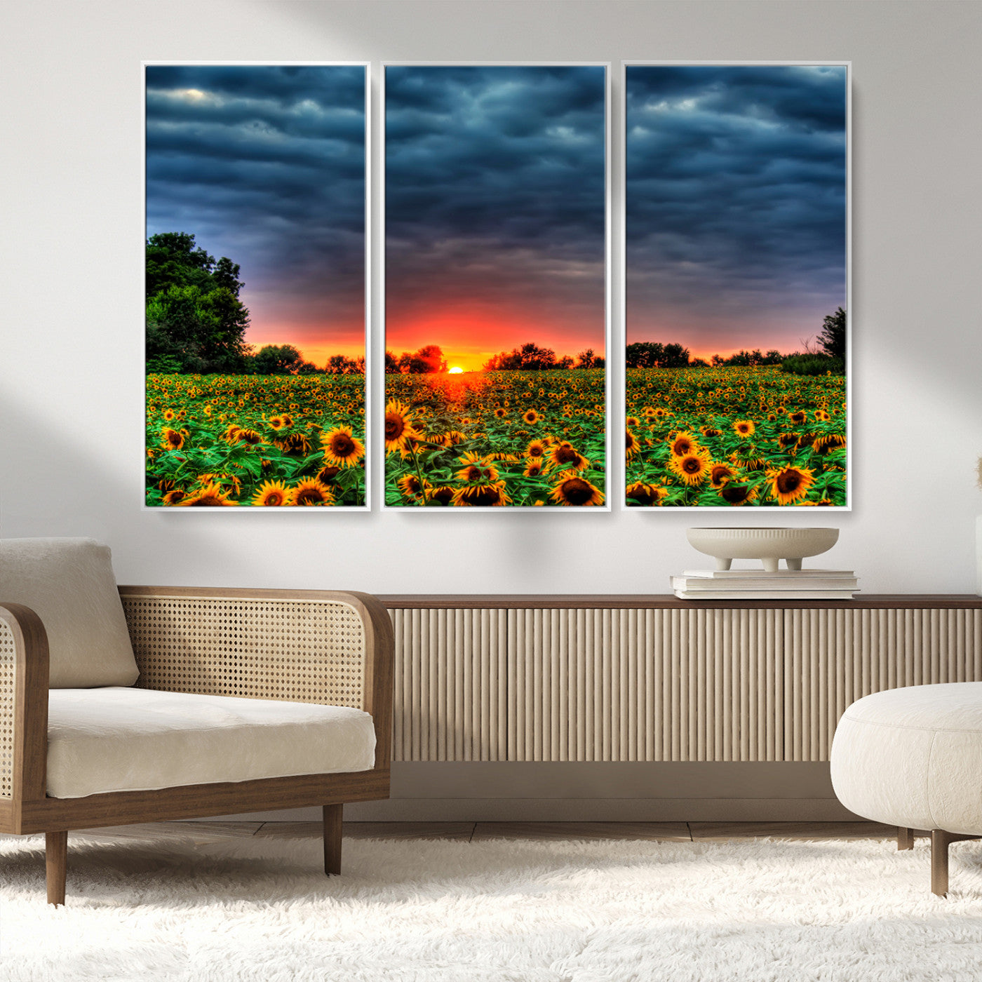 MGV-FC-48X32-3P - Golden Sunflower Field at Sunset – Breathtaking Sky and Vibrant Flowers, Ready to Hang Wall Art