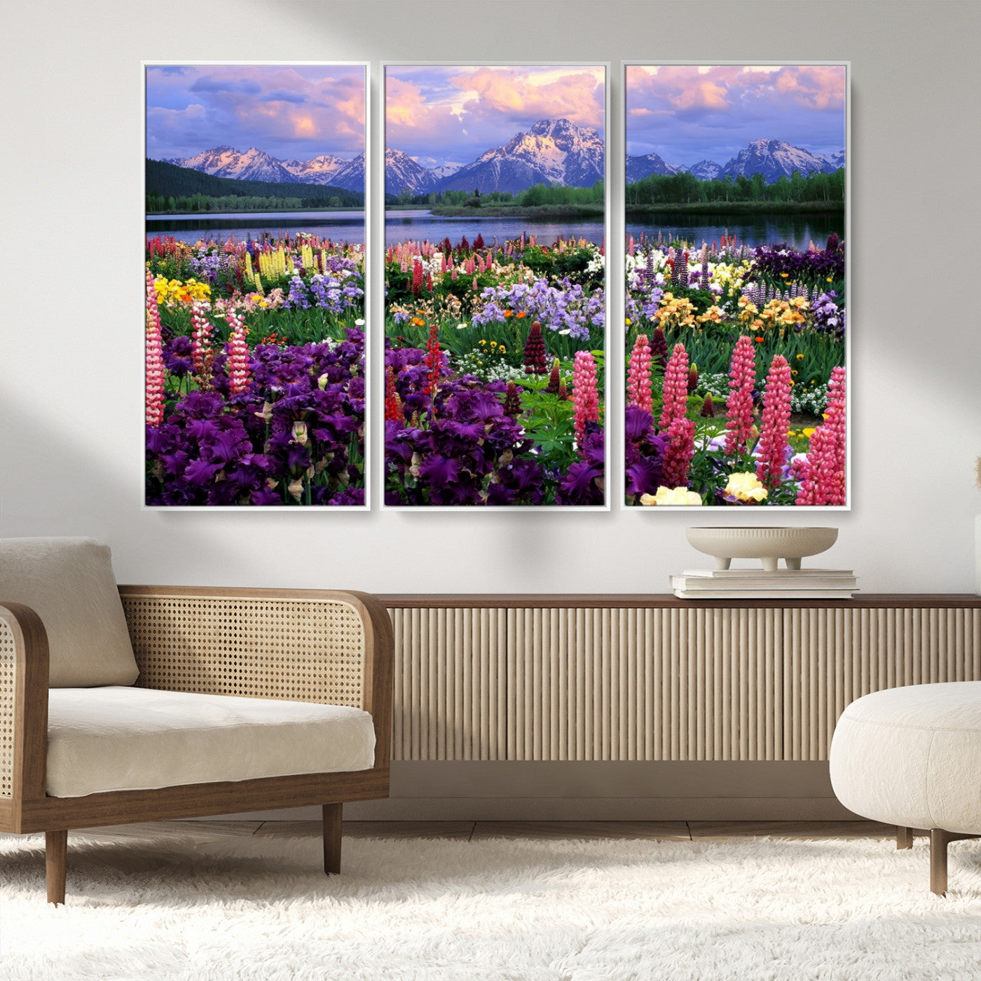 MGV-FC-48X32-3P - Vibrant Wildflower Garden and Mountain View Giclee Canvas Print | Floral Wall Art for Living Room