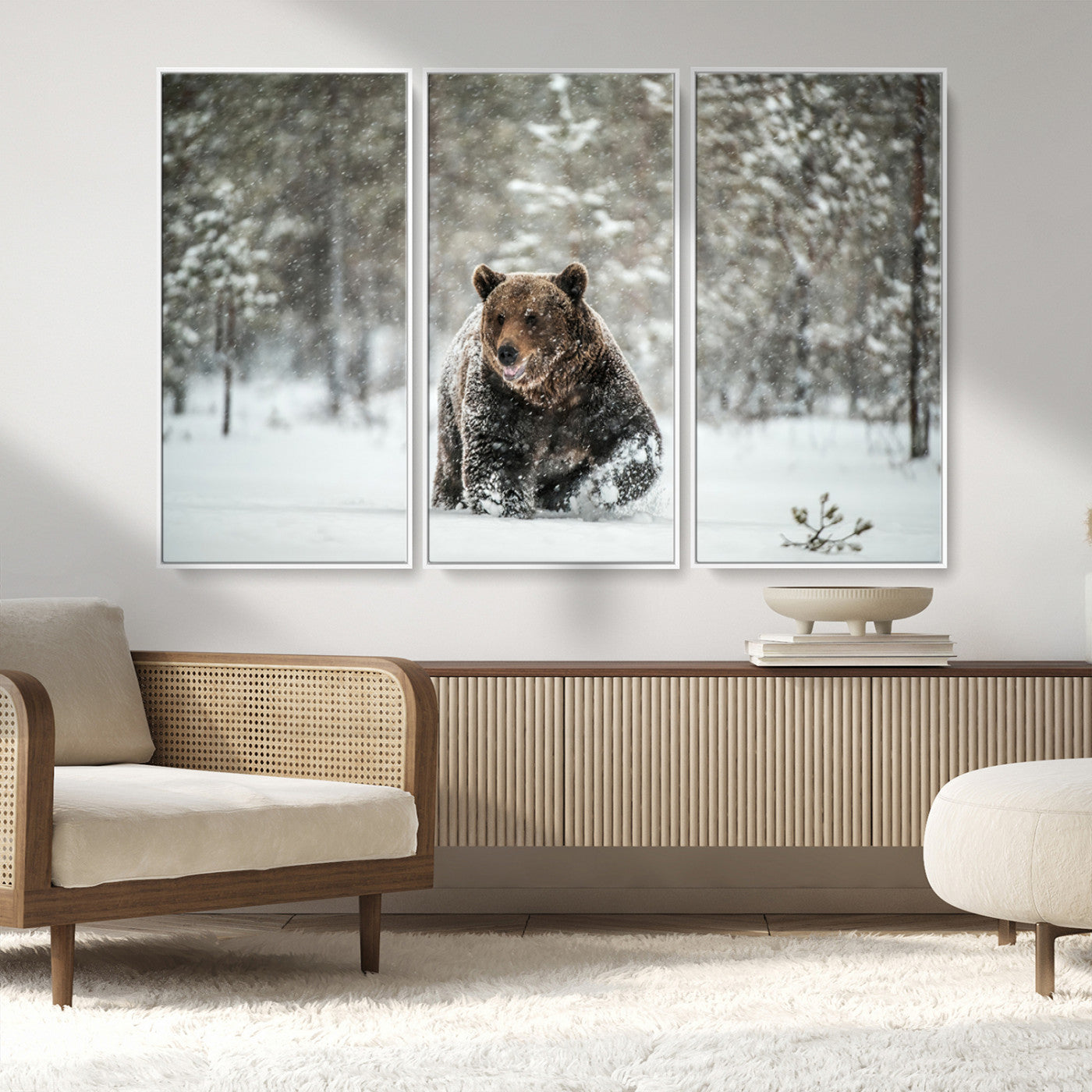 A majestic brown bear moves through a snowy forest landscape, surrounded by falling snowflakes, capturing the essence of wildlife in winter.