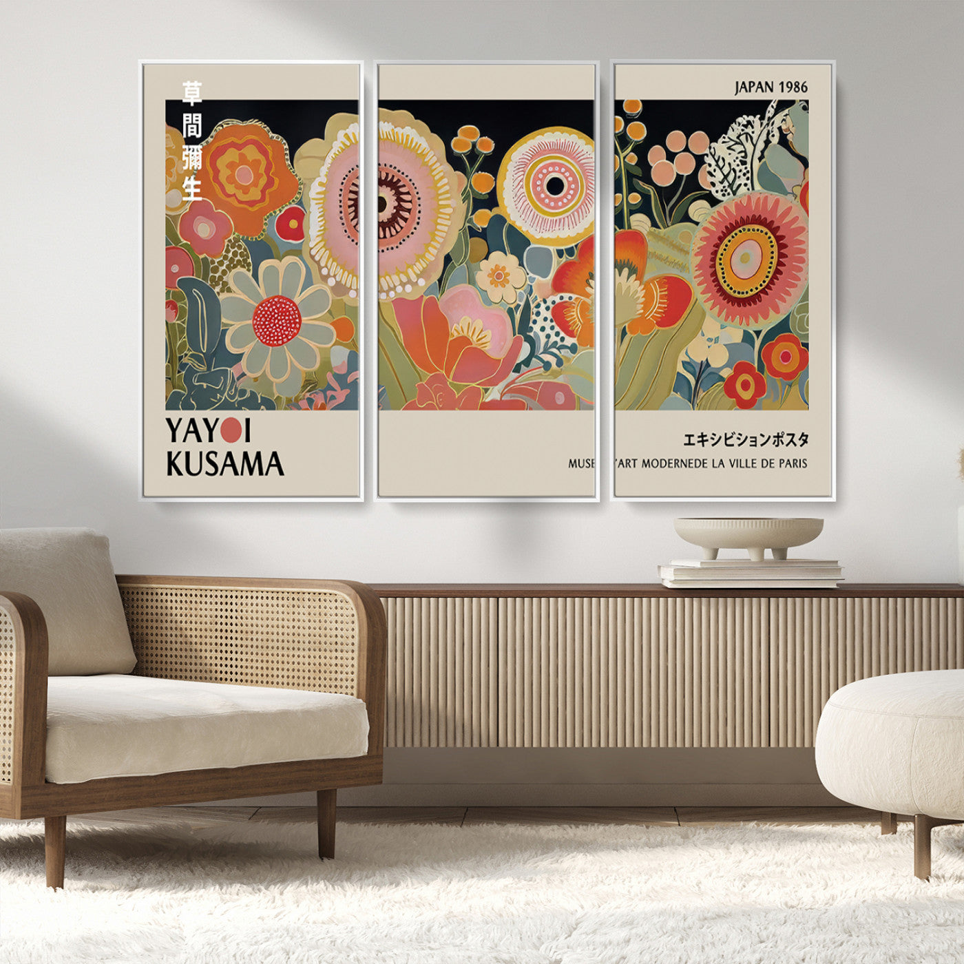MGV-FC-48X32-3P - Yayoi Kusama Landscape Canvas Print, Vibrant Floral Mountain Art Print, Botanical Flower Nature Decor, Sunset Scenery Artwork
