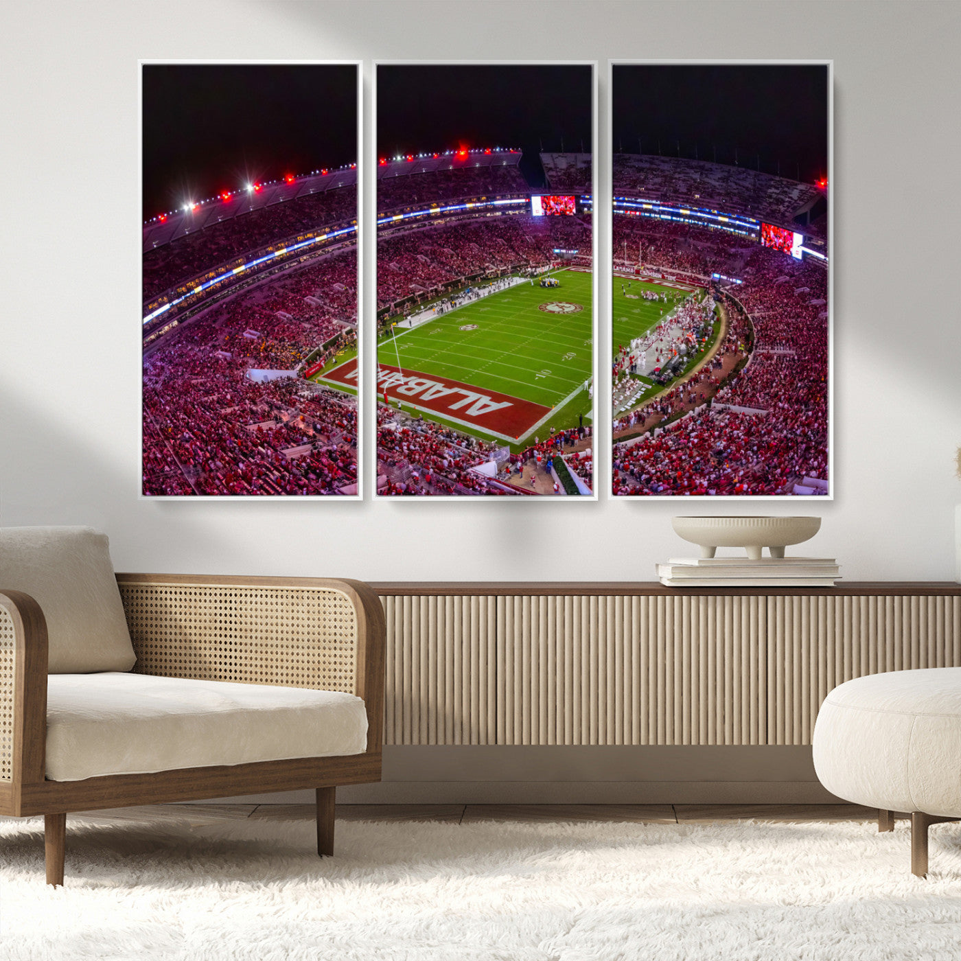 MGV-FC-48X32-3P - Bryant-Denny Stadium Night Game Triple Canvas Wall Art - Alabama Crimson Tide Football Match