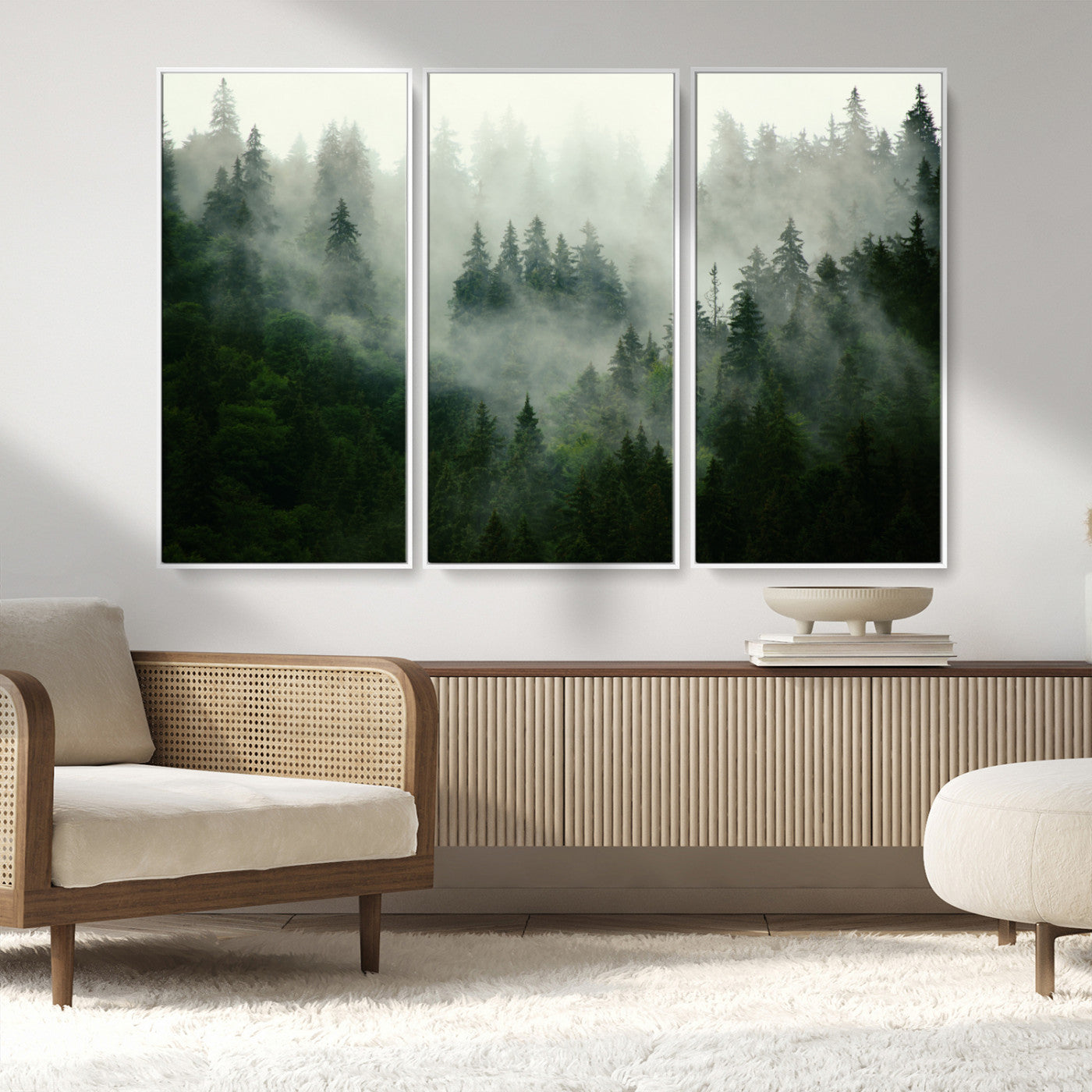 MGV-FC-48X32-3P - Misty Forest Wall Art Canvas Print - Foggy Forest Landscape Canvas Wall Art – Serene Triptych Nature