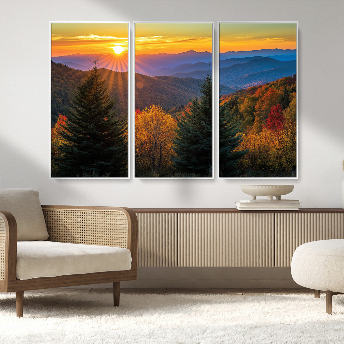 MGV-FC-48X32-3P - Golden Sunset Over Mountain Forest Canvas Wall Art Print - Warm Nature-Inspired Landscape for Living