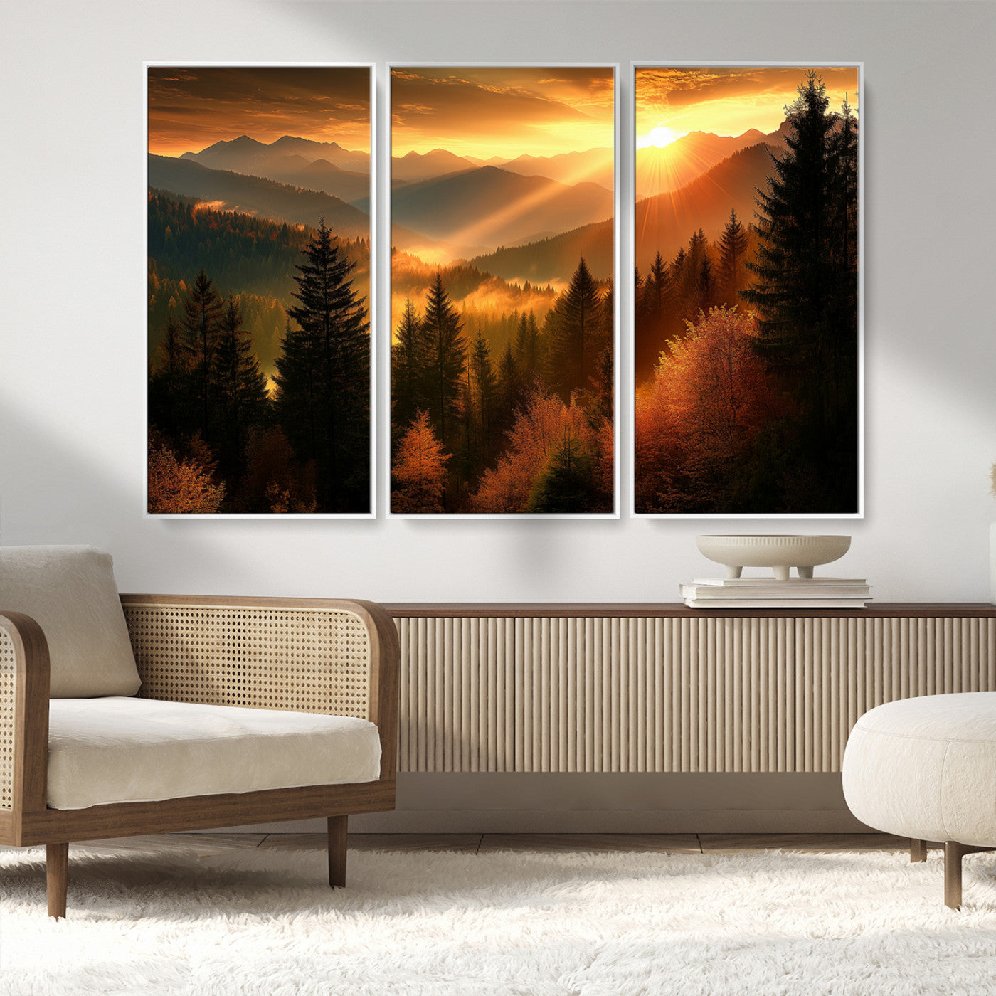 MGV-FC-48X32-3P - Golden Sunset Over Mountain Forest Canvas Wall Art Print - Warm Nature Landscape Print