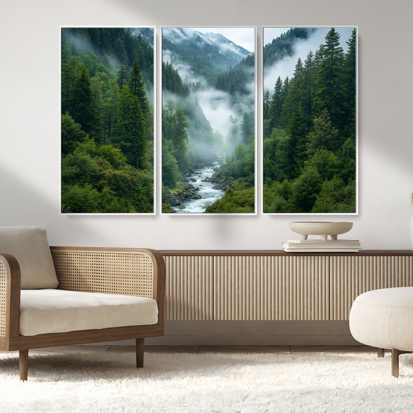 MGV-FC-48X32-3P - Mountain Forest River Canvas Wall Art Print - Serene Nature Landscape for Living Room, Office, or