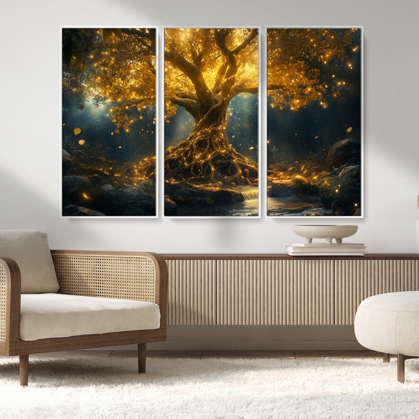 MGV-FC-48X32-3P - Golden Tree of Life Canvas Wall Art Print - Majestic Glowing Tree Wall Art Print