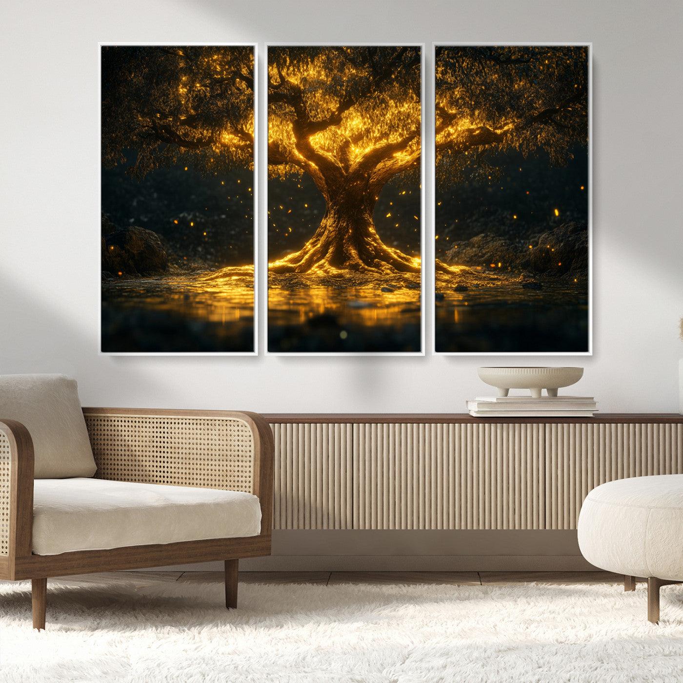 MGV-FC-48X32-3P - Golden Tree of Life Canvas Wall Art Print - Majestic Glowing Tree Wall Art Print