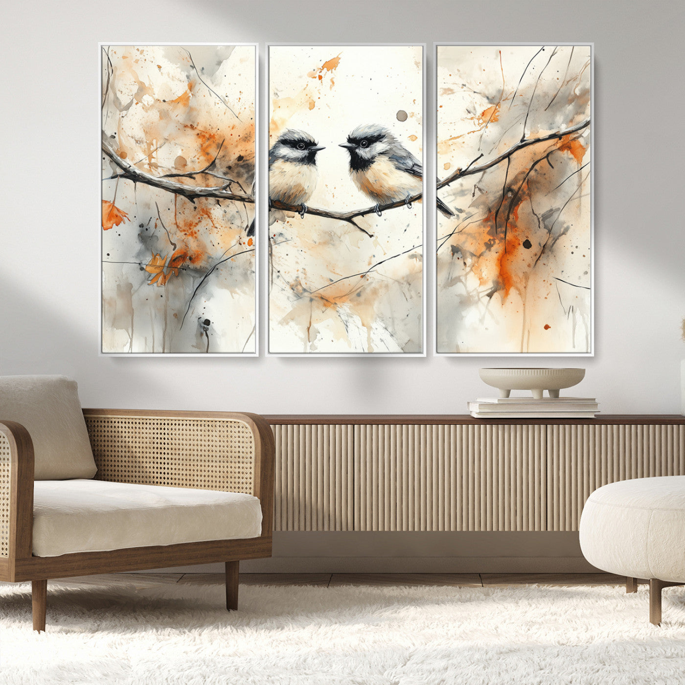 MGV-FC-48X32-3P - Abstract Watercolor Chickadee Bird Canvas Wall Art Print - Large Bird and Branch Wall Art, Modern